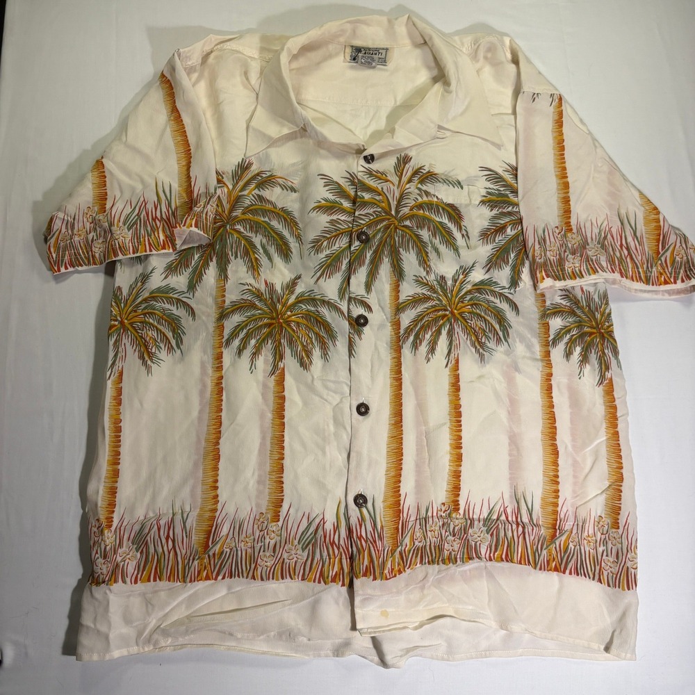 Avanti Authentic Hawaii Mens Large Silk Palm Tree Aloha Camp Shirt Cream